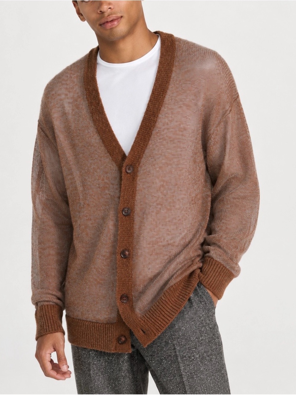 Zara Men XL Brown Alpaca Blend Sheer Knit Cardigan Lightweight Button Front
